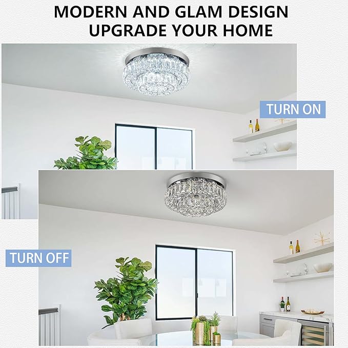 11.8" LED Chandelier 2-Layer Crystal Ceiling Light Fixture with Remote Control Flush Mount Chandelier Light for Hallway Bedroom Living Room Kitchen Foyer(dimmable)