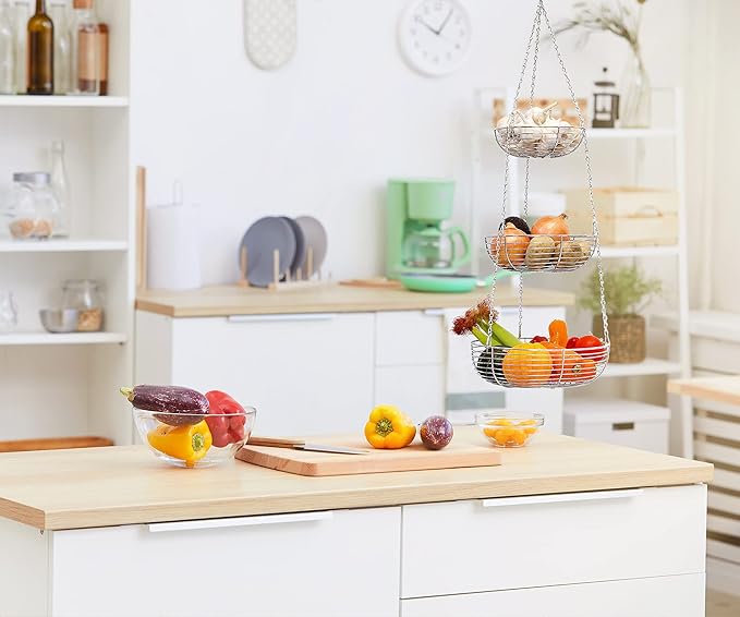 CAXXA 3-Tier Hanging Basket Fruit Organizer Kitchen Heavy Duty Wire Organizer with 2 Free Bonus Metal Ceiling Hooks, Chrome