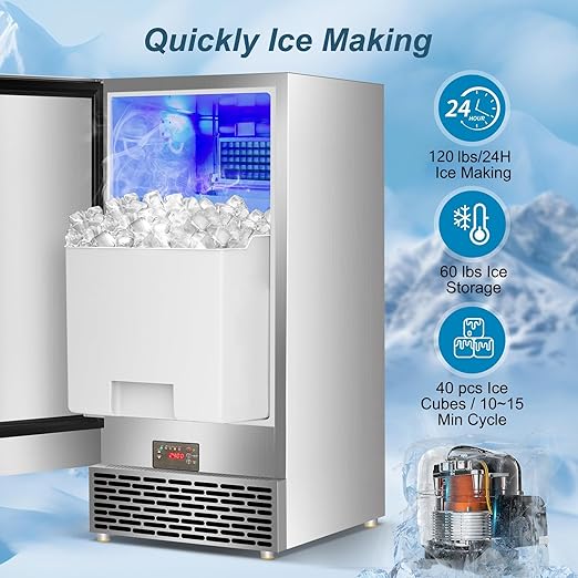 Commercial Ice Maker Machine 120 LBS/24H, 60 LBS Cold Preservation Bin for 4-6 H, Freestanding Undercounter Ice Maker Stainless Steel, 40 Ice Trays Built-in Ice Machine for Restaurant Bar Kitchen Cafe