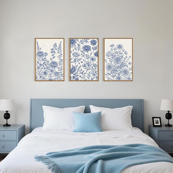 Classic Chinoiserie Floral Framed Canvas Wall Art Set, Blue and White Flower Wall Decor, Navy Watercolor Wall Painting, Minimalist Wildflower Art Print for Living Room, Bedroom - 24"x36"×3