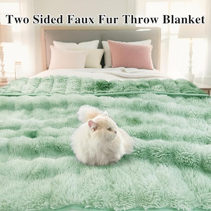 Bcareself Faux Fur Blanket Two Sided Ultra Soft Fluffy Reversible Fuzzy Throw Blanket for Women Men Double Sided Ombre Faux Luxe Faux Fur Thick Minky Blanket for Couch Bed