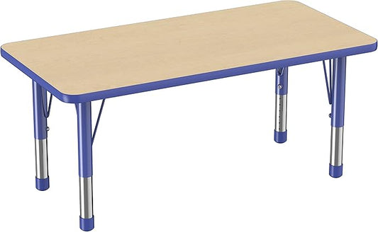 FDP Rectangle Activity School and Kids Classroom Table (24 x 48 inch), Toddler Legs, Adjustable Height 15-24 inches - Maple Top and Blue Edge