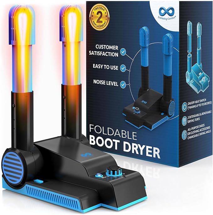 Foldable & Compact Boot Dryer & Boot Warmer with Timer, Fast 2-Hour Drying, Heavy-Duty Shoe Dryer for Work Boots, Sneakers, Gloves, Helmets & more – 2 Tube Design Everlasting Comfort