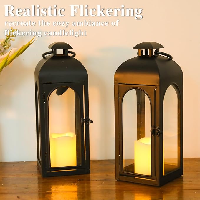 Bdor 2 Pack 16 Inches Metal and Tempered Glass Decorative Lantern with Electronic Wax Effect - Indoor/Outdoor Decorative Lighting, Handcrafted Aesthetic, Perfect for Home, Parties, and Holiday Decor