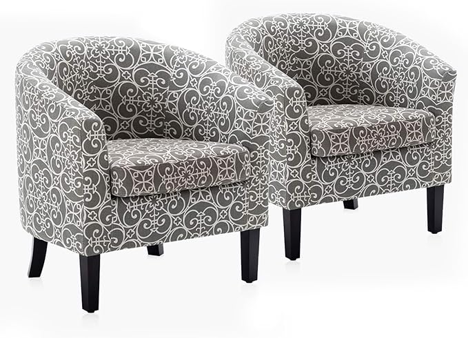 BELLEZE Accent Barrel Chair Set of 2, Linen Round Chair Club Tub Sofa Corner Chair with Flared Legs and Cozy Soft Padding for Living Room Bedroom Waiting Room - White & Gray
