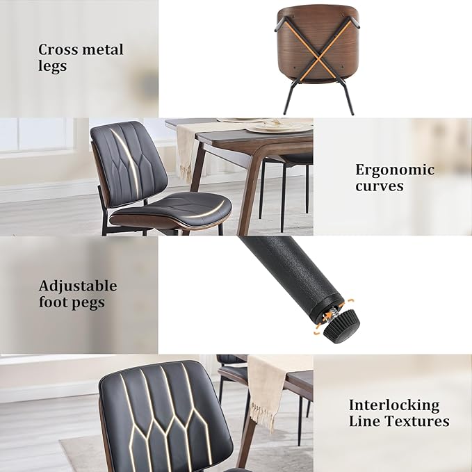 BV Mid Century Modern Dining Chairs Set of 2, Upholstered Pu Leather Accent Chair with Walnut Bentwood Back, Armless Kitchen Chair for Dining Room, Living Room, Kitchen, Black