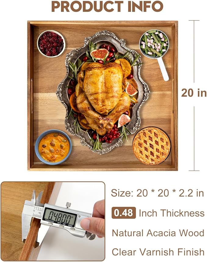 20 Inches Square Acacia Wood Ottoman Tray, Extra Large Wooden Serving Tray with Handles for Living Room, Serving Food Breakfast, Ottoman Coffee Table Couch Sofa Kitchen