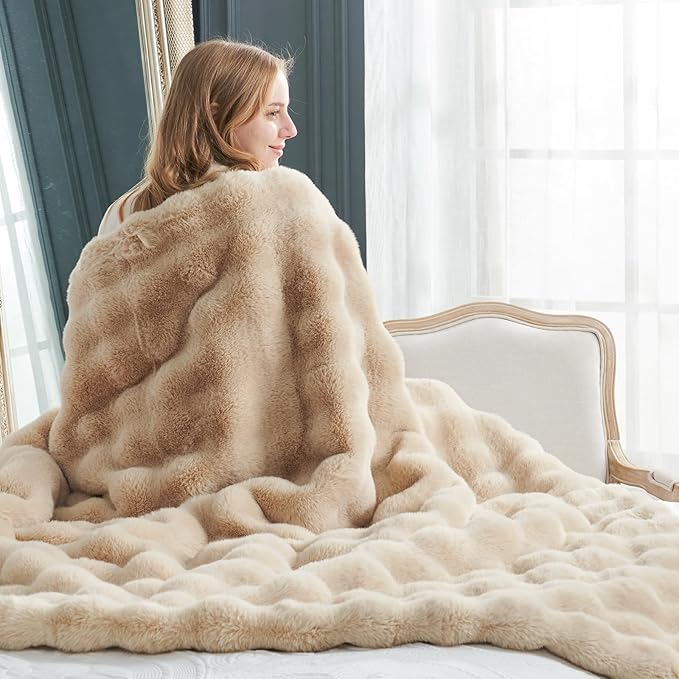 Cozy Bliss Faux Fur Throw Blanket for Couch, Fuzzy Soft Plush Thick Bubble Blanket for Sofa Bedroom Living Room, 60 * 80 Inches Beige