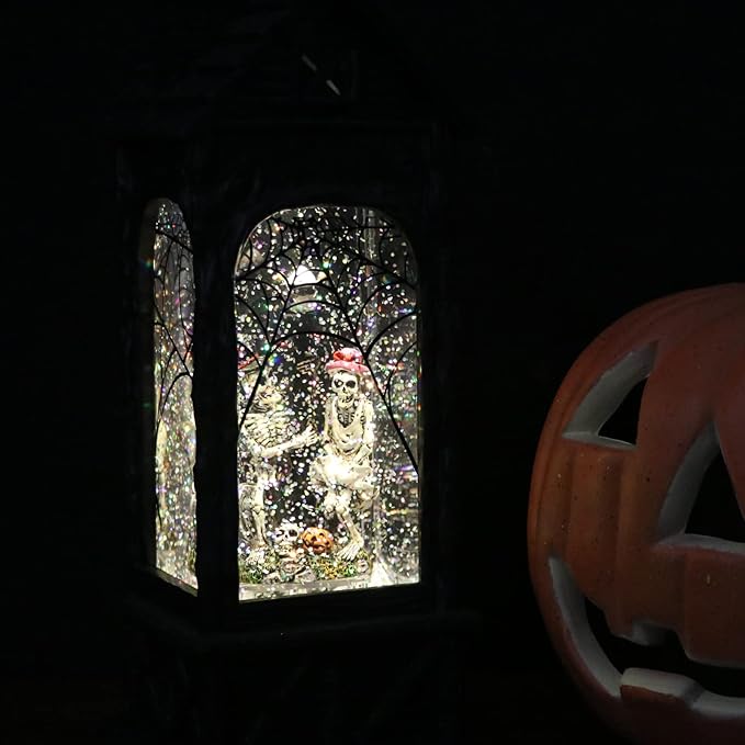 Eldnacele Halloween Ghost Projection Snow Globe Lantern with 6-Hour Timer, Lighted Plug-in & Battery Operated Water Glittering Snowing Globe Lamp for Spooky Fall Halloween Indoor Decoration(Skeleton)
