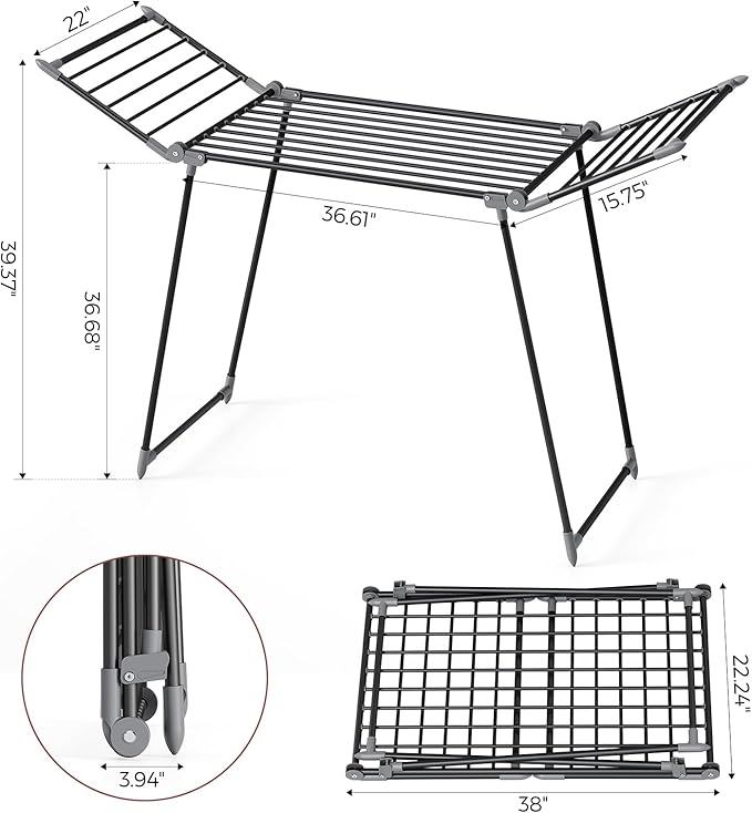 APEXCHASER Clothes Drying Rack Foldable, Large Drying Rack Clothing, Winged Laundry Rack Folding Indoor Outdoor, Metal Clothes Airer for Bedding Towel Sweater Heavy Duty, 68.9" X 23.6" X 41.3", Black