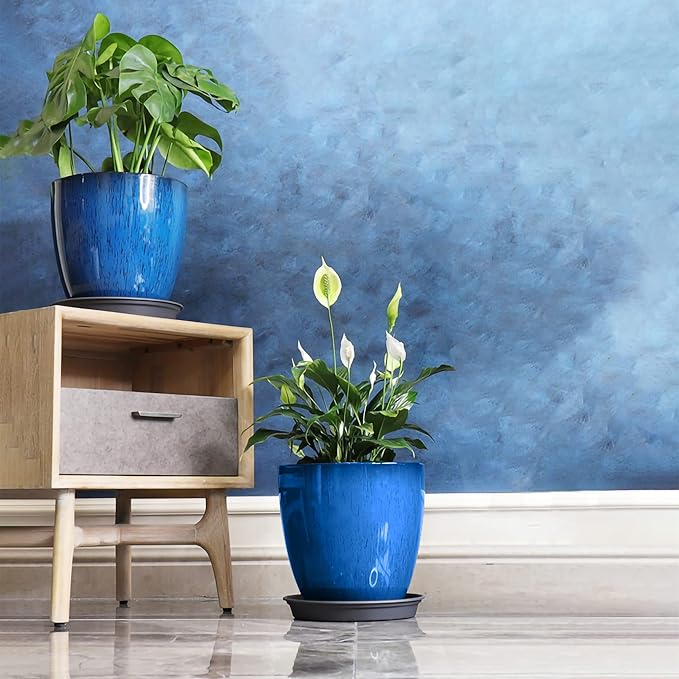 FixtureDisplays® Garden Plastic Round 11.8" Diameter 12" Tall Planter Resin Glazed Faux Ceramic Flower Pots Drainage Hole with Saucer Decorative Pot 15580-NF