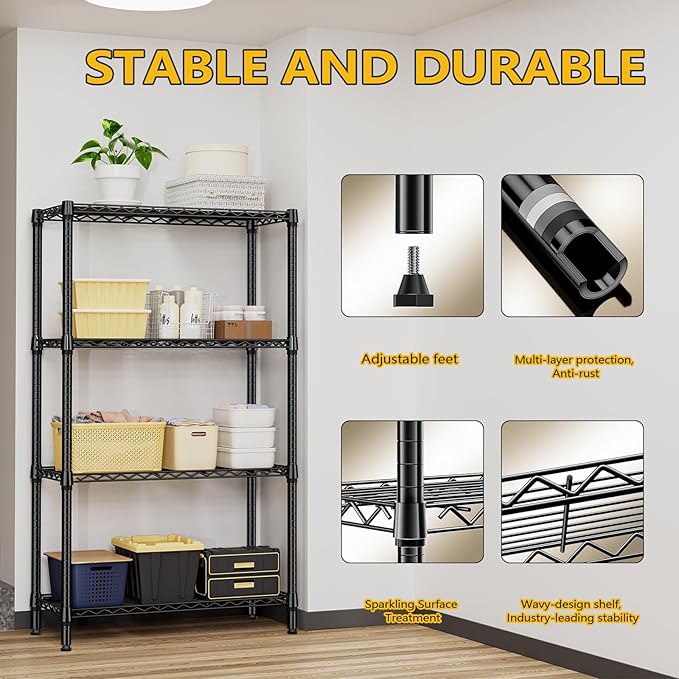 1000 lbs 4 Tier Shelf Metal Storage Shelves Shelving Wire Rack Heavy Duty Closet Organizers for Garage Kitchen Bathroom Laundry Black 13.8" D x 35.4" W x 59.5" H