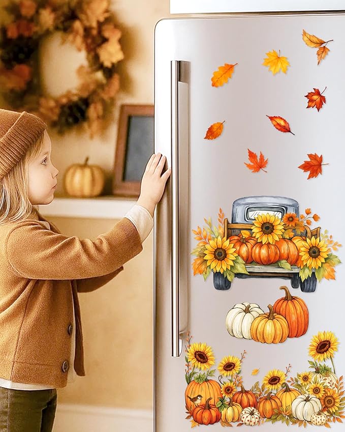 Fall Window Clings - 9 Sheets 116 Pcs Fall Decorations for Autumn Thanksgiving Harvest Home Party, Pumpkin Leaves Truck Maple Sunflowers Stickers for Glass, Double-Sided Static Window Decals