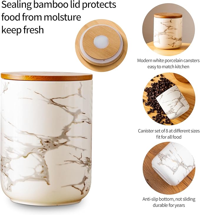 Ceramic Canister Set with Bamboo Airtight Lids, 3-Piece Kitchen Storage Jars (48oz, 30oz, 12oz) – White with Gold Marble Pattern, Glossy Finish, for Coffee, Sugar, Flour & More