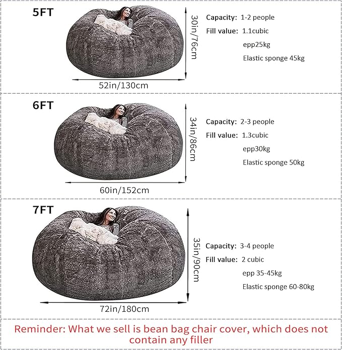 Big Huge Giant Bean Bag Chair for Adults, (No Filler) Bean Bag Chairs in Multiple Sizes and Colors Giant Foam-Filling Required- Machine Washable Covers, Double Stitched Seams (Dark Gray,6FT)