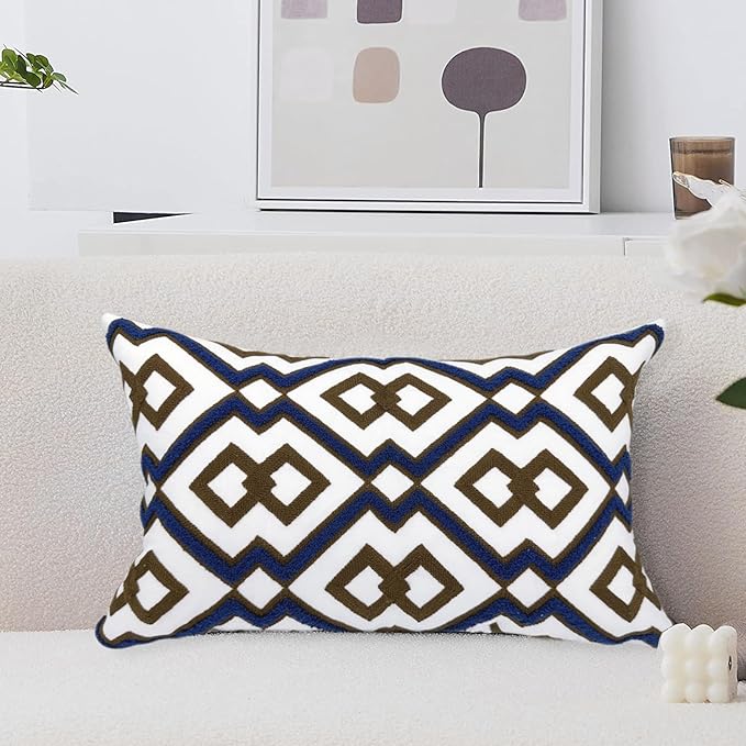 Alysheer Embroidered Lumbar Decorative Throw Pillow Cover 12"x 20", Classic Boho Geometric Embroidery Pattern Cotton Rectangular Cushion Case for Sofa Couch Living Room Bedroom(Blue Brown)