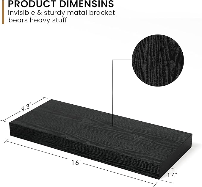 Fun Memories Deep Floating Shelves - 16" W x 9" D x 1.6" H Rustic Black Wall Shelf - Wall Mounted Shelves for Storage - Wooden Shelves with Invisible Brackets for Living Room, Farmhouse - Set of 2