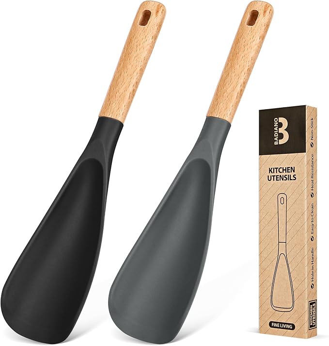 Cooking Spoon for Nonstick Cookwares, Great for Cooking and Serving Sturdy BPA-Free Matte Silicone, Wood Handle Spoon for Mixing, Scoop, and Scrape (Black & Grey, 11.4 inch)