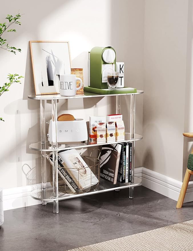 Clear Bookshelf, Acrylic Bookcase with Open Book Shelf Console Table for Entryway Office Living Room Bedroom (3 Tier Clear)
