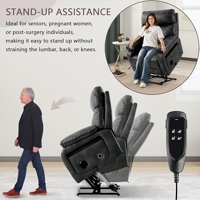 Dual Motor Power Lift Recliner Chair for Adult & Elderly, Infinite Position Lay Flat Lift Chair with Heat & Massage, Cup Holder, Lumbar Pillow, Wireless Charger, USB Ports, Leather (Silver Grey)