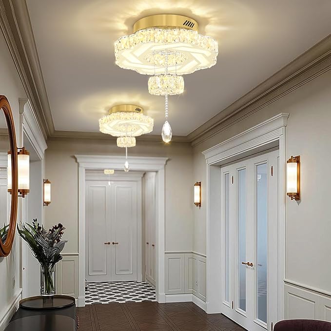 Flashing God 16 Inch Mini Chandelier Modern Crystal Chandeliers Light Semi Flush Mount Ceiling Light Fixture Small Gold Chandelier for Bedroom Hallway Kitchen Foyer