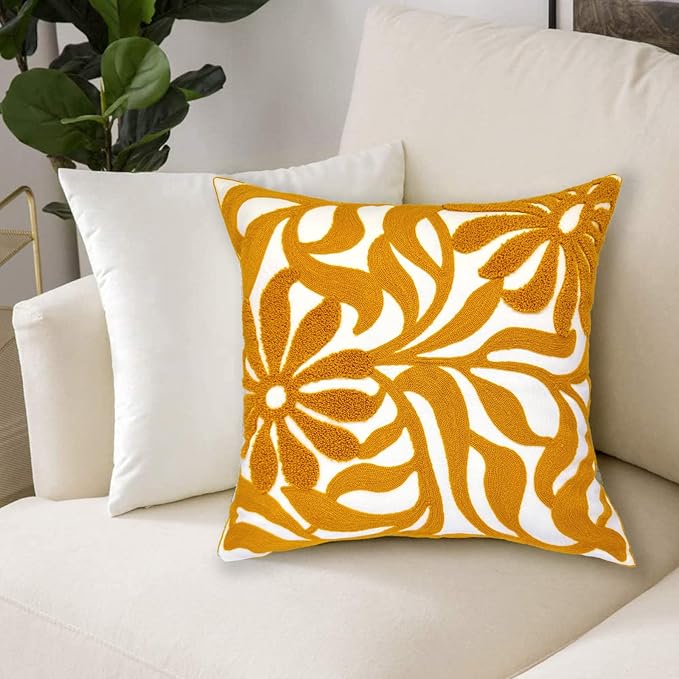 Alysheer Farmhouse Floral Leaves Embroidered Decorative Throw Pillow Cover 18x18 inches, Boho Tufted Flowers Embroidery Pattern Chic Cotton Cushion Case for Couch Bed Sofa Living Room(Mustard Yellow)