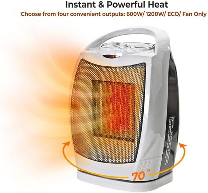 Comfort Zone Oscillating Indoor Space Heater, Portable, Ceramic, Electric, Energy-Efficient, Adjustable Thermostat, Tip-Over Switch, Overheat Protection, Ideal for Home, Bedroom, Office, 1500W, CZ449E