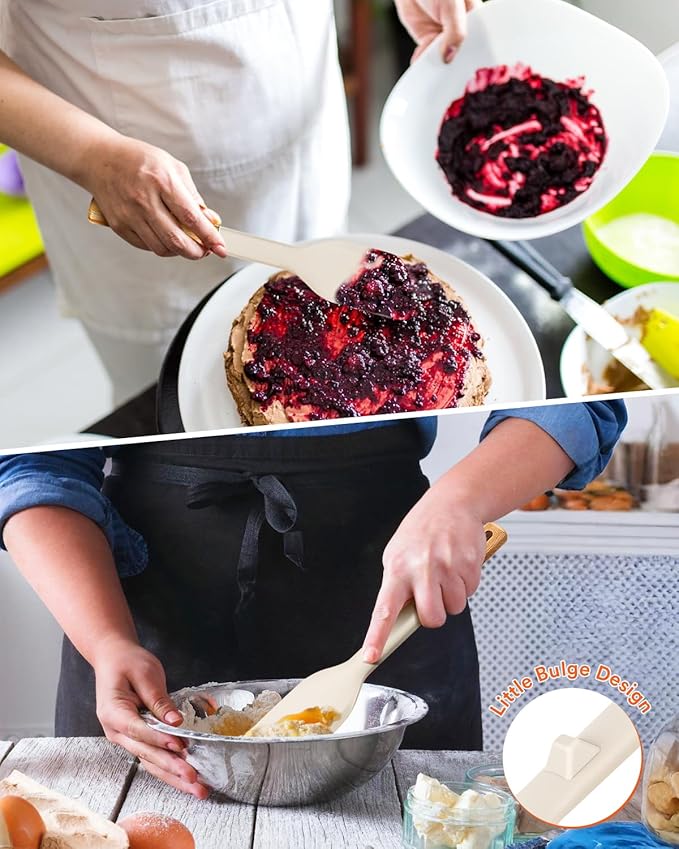 Cooking Spoon and Scraper for Nonstick Cookwares, Great for Cooking and Serving Durable BPA-Free Matte Silicone, Wood Handle Multifunction Spoon for Mixing, Scoop, and Scrape (KHAKI)