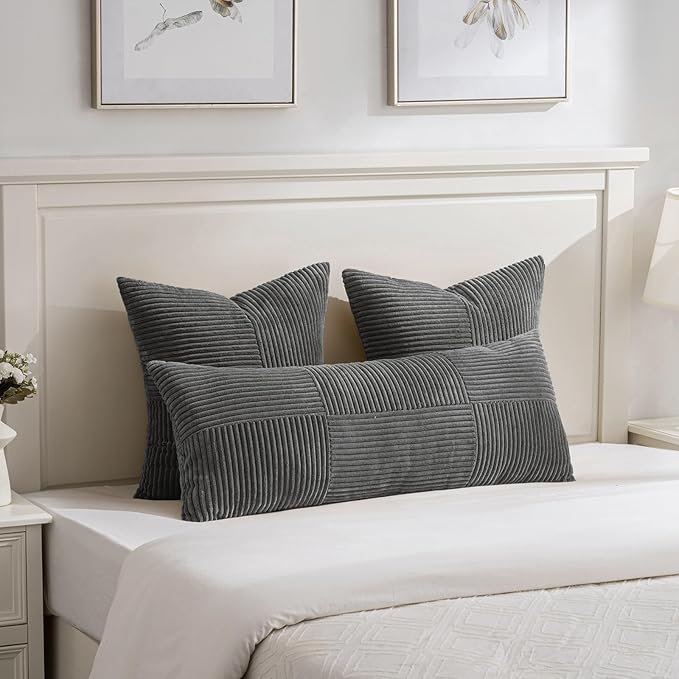 Fancy Homi 2 Packs Dark Gray Decorative Throw Pillow Covers 20x20 Inch for Living Room Couch Bed Sofa, Farmhouse Boho Home Decor, Soft Corss Corduroy Patchwork Accent Square Cushion Case 50x50 cm