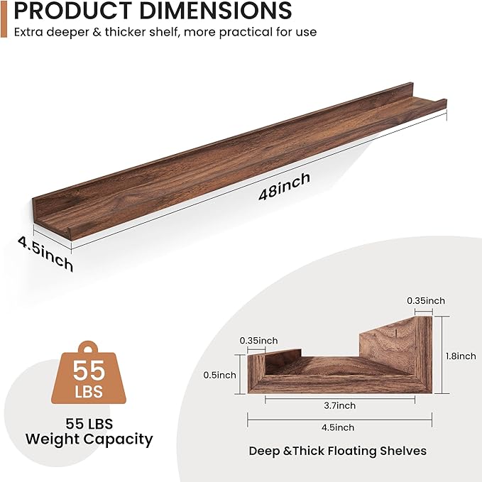 Fun Memories Picture Ledge Shelves Set of 2, 24 Inch Rustic Wall Mounted Floating Shelves with Lip for Home Storage and Décor in Bathroom, Kitchen, Nursery, Bedroom, Living Room, Walnut