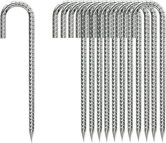 Ground-Stakes-Heavy-Duty-12 inch, J-Hook Rebar Stakes Galvanized Anti-Rust 20pcs Garden Stakes Metal Ground Anchors for Garden Dog Fence Chicken Coop Christmas Decorations Deer Fence