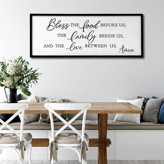 Bless the Food Before Us, the Family Beside Us, and the Love between us Framed Wall Art for Christian God Jesus Christ Prayer, 32''×12'' Positive Holy Religious Rustic Bible Verse for Dining Room