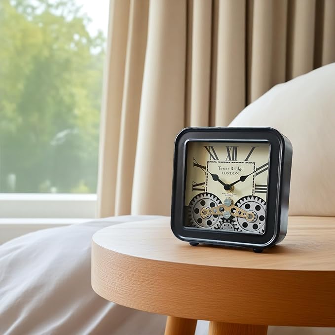 Desk Clock Vintage Metal Table Clocks with Moving Gears, Silent Retro Industrial Steampunk Quartz Small 6 inch End Table Clock for Home Office Living Room Decor Battery Operated (Black)
