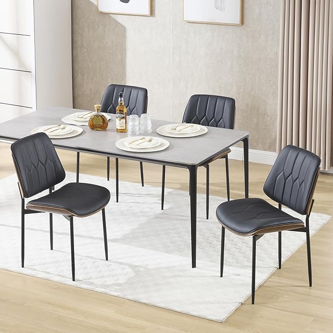 BV Mid Century Modern Dining Chairs Set of 4, Upholstered Pu Leather Armless Accent Chair with Walnut Bentwood Back, Retro Kitchen Chair for Dining Room, Living Room, Kitchen, Black