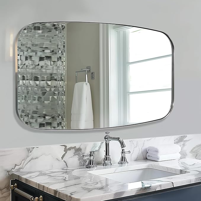 ANDY STAR Chrome Oblong Mirror, 30x48 Inch Polished Chrome Oval Mirror for Bathroom with Stainless Steel Metal Frame, Wall Mouned for Bathroom, Living Room, Entryway