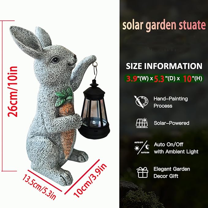 Garden Statues Rabbit Solar Lantern Outdoor Handmade Resin Statue Bunny with Cute Carrot for Patio, Yard,Mother's Day Gift Ideas (rabbit1)