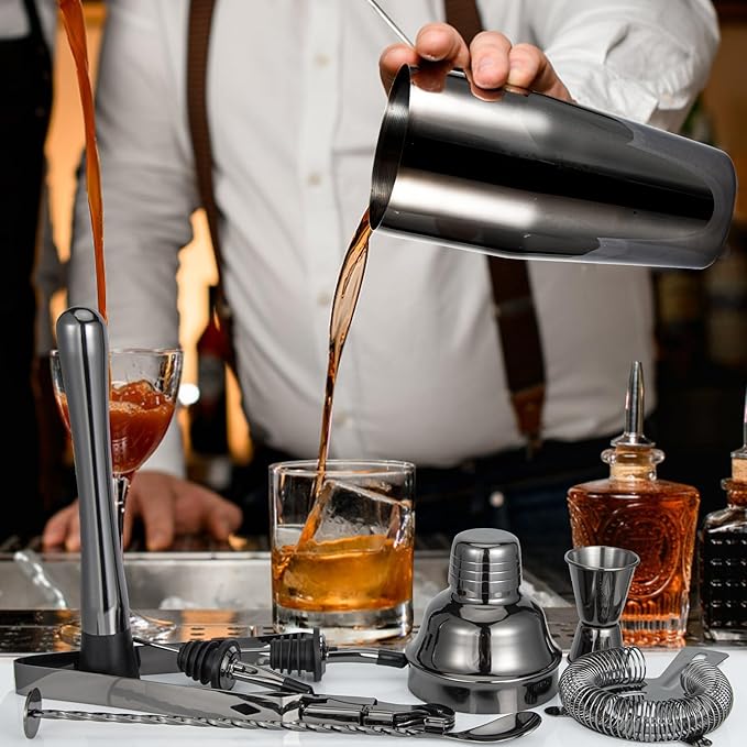Cocktail Shaker Set, Mixology Bartender Kit 10-Piece Bar Tool Set with Stylish Bamboo Stand, Bar kit: Matini Shaker Mixing Spoon Muddler Jigger Cocksrew for Barware Set | Black
