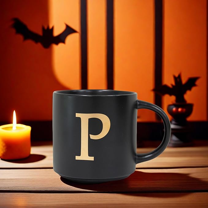 COLLECTIVE HOME - Monogram Ceramic Mugs, 15 oz Golden Initial Black Coffee Cups, Elegant Alphabet Tea Mugs, Elegant Personalized Mug with Gift Box, Unique Mug with Double Side Capital Lette (P)