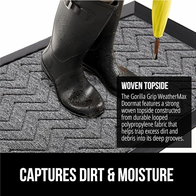 GORILLA GRIP All-Season WeatherMax Doormat, 72x24, Durable Natural Rubber, Stain and Fade Resistant, Low Profile, Indoor Outdoor Door Mats, Easy Clean Patio Entrance Mat, Steel Chevron