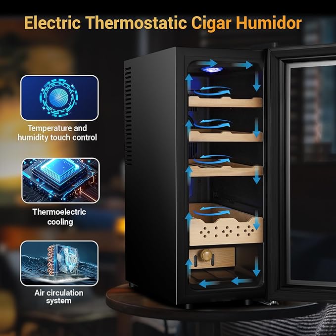 Electric Cigar Humidor, 35L 250 Counts Large Capacity Thermostatic Desktop Humidor Cabinet with Digital LED Screen, Safety Lock,Smart Humidity & Temp Control, Gifts for Men