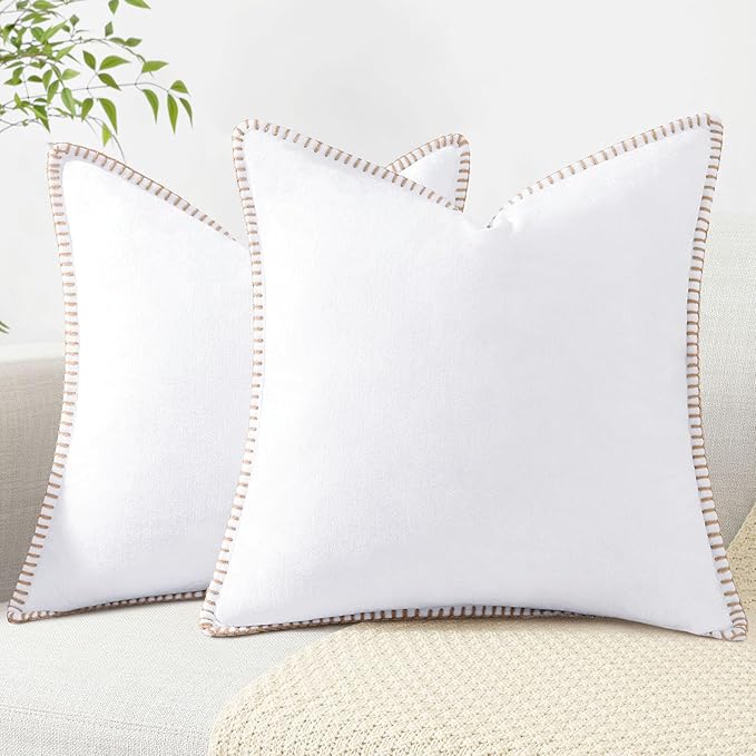 decorUhome Chenille Soft Throw Pillow Covers 24x24 Set of 2, Farmhouse Velvet Neutral Decorative Euro Pillow Covers with Stitched Edge for Couch Sofa Bed Home Decor, White