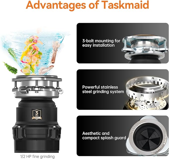 1/2 HP Garbage Disposal, TECASA Food Garbage Disposal with Power Cord, Stainless Steel Grinding System and 3-Bolt Mounting, Continuous Feed Compact Garbage Disposals, UL Certified, Taskmaid Series 50