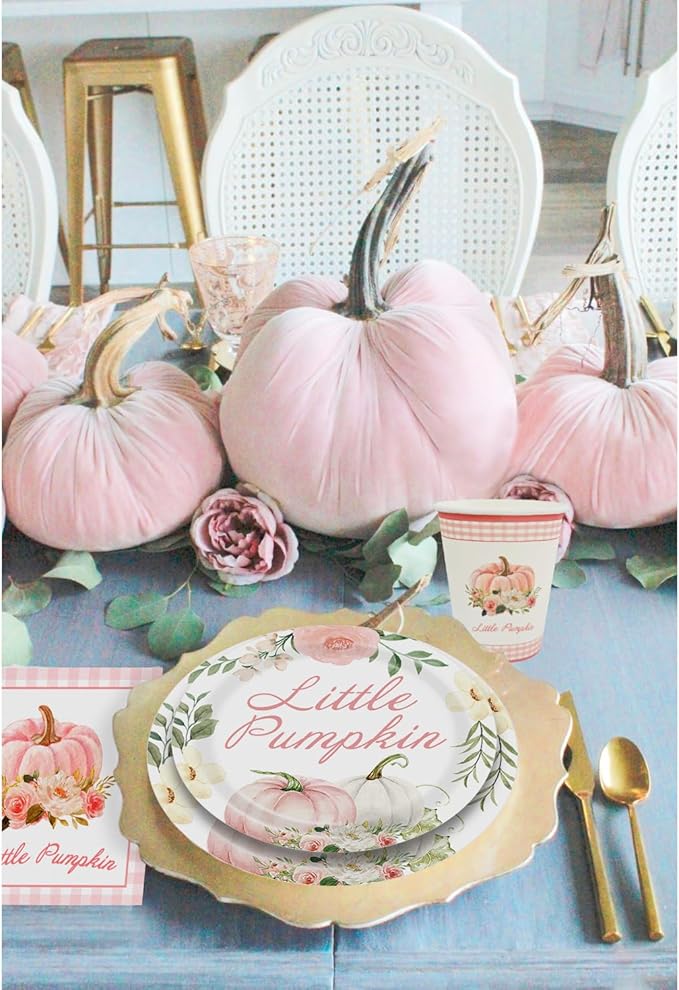 Aukolass Pumpkin Party Supplies Tableware Set - Fall Theme Party Decorations Including Plates, Napkins and Cups for Pumpkin Birthday and Baby Shower Party, Serves 24 Guests (pink)