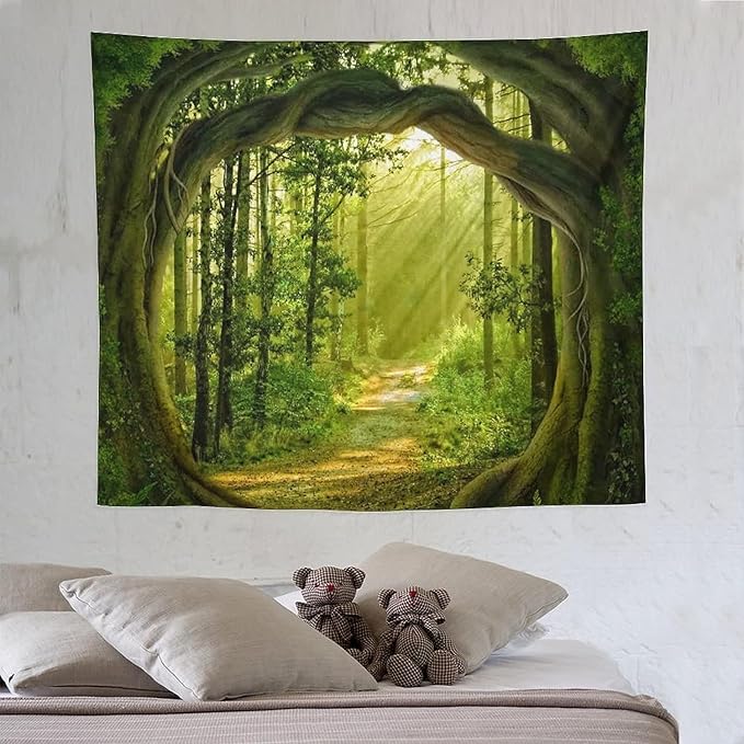 FENDROM Enchanted Forest Tapestry Nature Sunshine Lanscape Green Tree Cave Tapestries Wall Hanging For Living Room Bedroom Home Decorations
