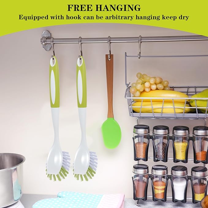 8 Pcs Dish Brush with Handle Kitchen Scrub Brush Pot and Pan Cleaning Brush Dish Scrubber with Stiff PET Bristles for Cookware Sink Washing Household, Green, 11 x 3.1 x 0.98 Inch