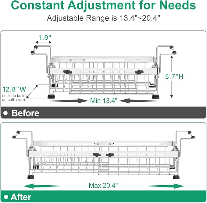 GSlife in Sink Dish Drying Rack - Capacity Expandable Stainless Steel Over Sink Dish Drainer Drying Rack (13.4''-20.4'') with Silicone Mat for Kitchen Counter Large Capacity, Black