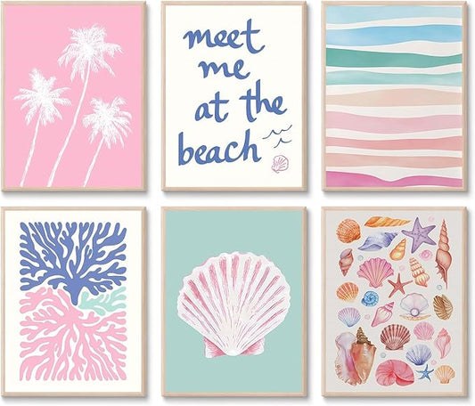 6 Pcs Coastal Beachy Wall Art Tropical Summer Shell Ocean Paintings Prints Posters Trendy Pink Preppy Palm Tree Canvas Wall Decor Aesthetic for Bedroom Living Room Dorm Apartment 8x10inch Unframed