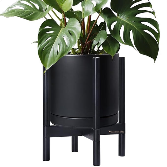 D'vine Dev Ceramic Planter with Ebony Stand - 12 Inch Modern Round Flower Pot with Wood Planter Holder, Black, 55-B-H-2