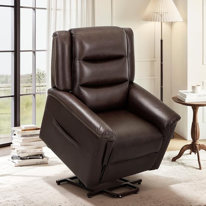 COLAMY PU Leather Electric Power Lift Chair,Lift Recliner Chair with Thick Cushioned Padding Backrest for Living Room, Office, Bedroom （Darkbrown）