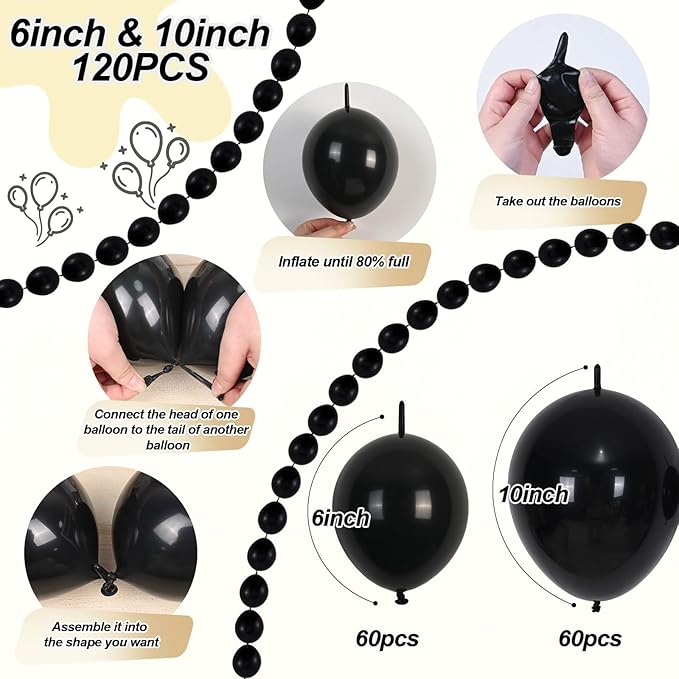Black Linking Balloons, 120PCS Linked Balloon with Tail for Balloon Wall Arch and Chains, Quick Linkable Balloons for Wedding Birthday Baby Shower Engagement Graduation Party Decorations (6+10inch)